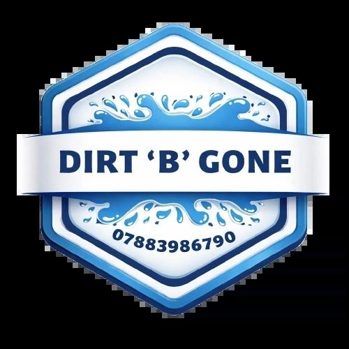 Dirt B Gone's real hexagonal logo badge, blue water-splash design